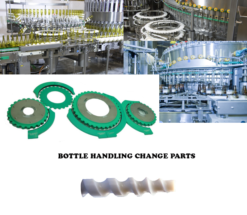 Filler Change Parts, Bottle Filling OEM parts, Bottle Labeller Container Handling Parts, filler Star Wheels, filler Feed Screw